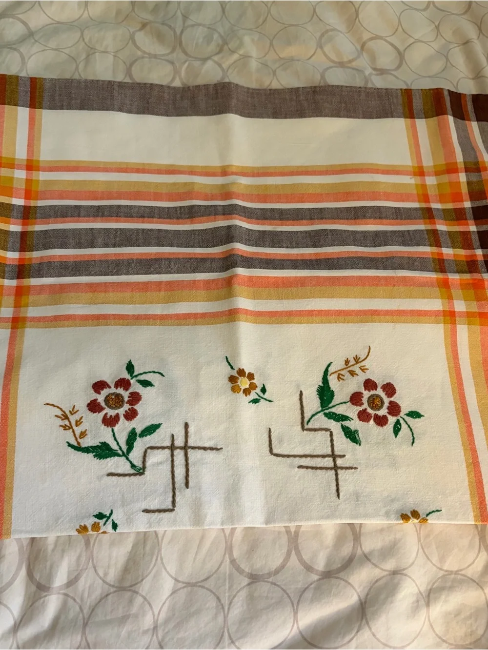 Embroidered Floral Plaid Tablecloth - Cream, Brown & Orange. 36x33